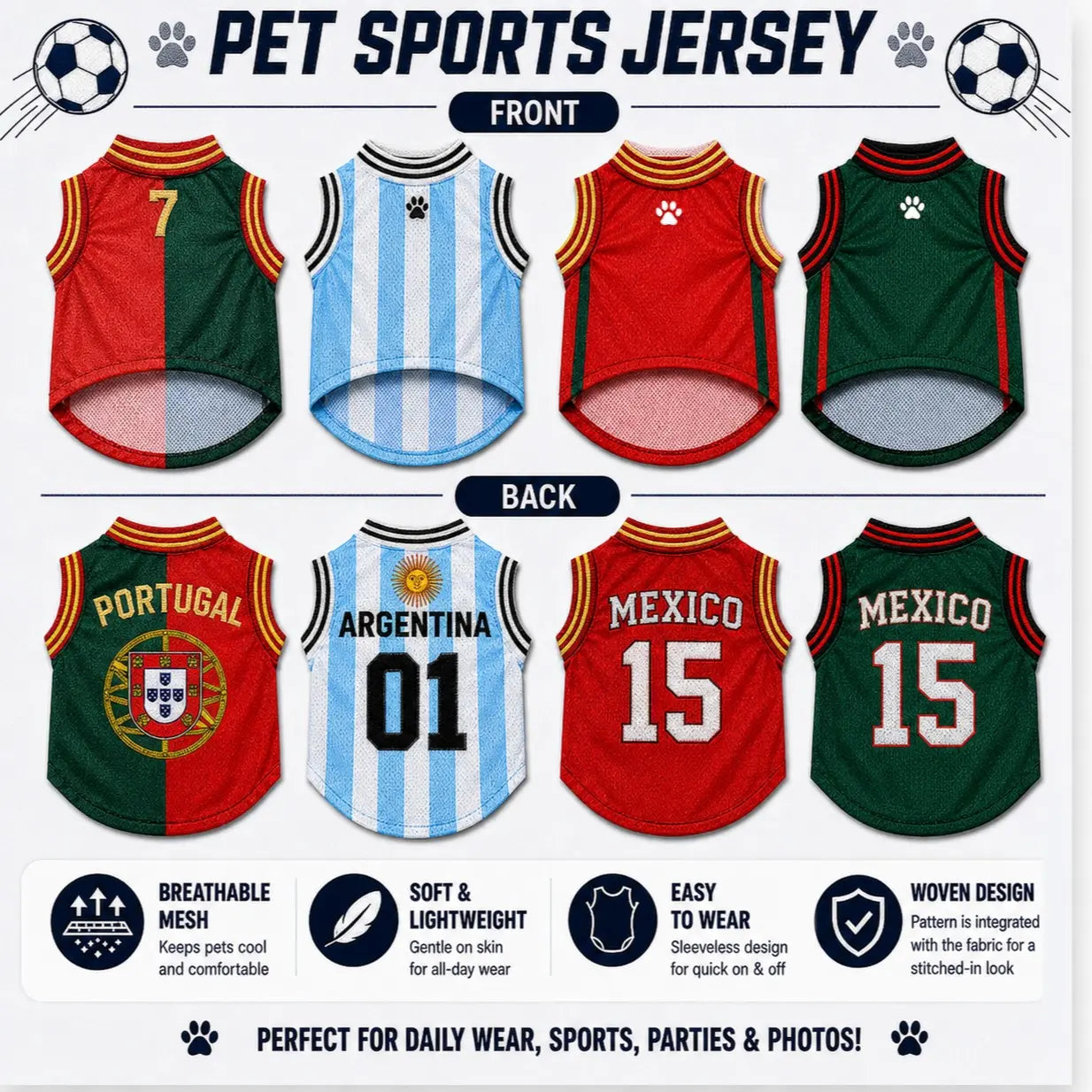 Pet Sports Jersey for Dogs and Cats - Lightweight Breathable Sleeveless Mesh Vest, Stylish Soccer-Inspired Outfit for Small to Medium Pets, Ideal for Parties, Photos, Walks, and Game Day