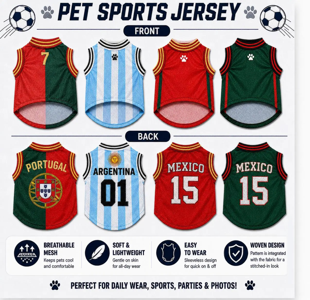 Pet Sports Jersey for Dogs and Cats - Lightweight Breathable Sleeveless Mesh Vest, Stylish Soccer-Inspired Outfit for Small to Medium Pets, Ideal for Parties, Photos, Walks, and Game Day