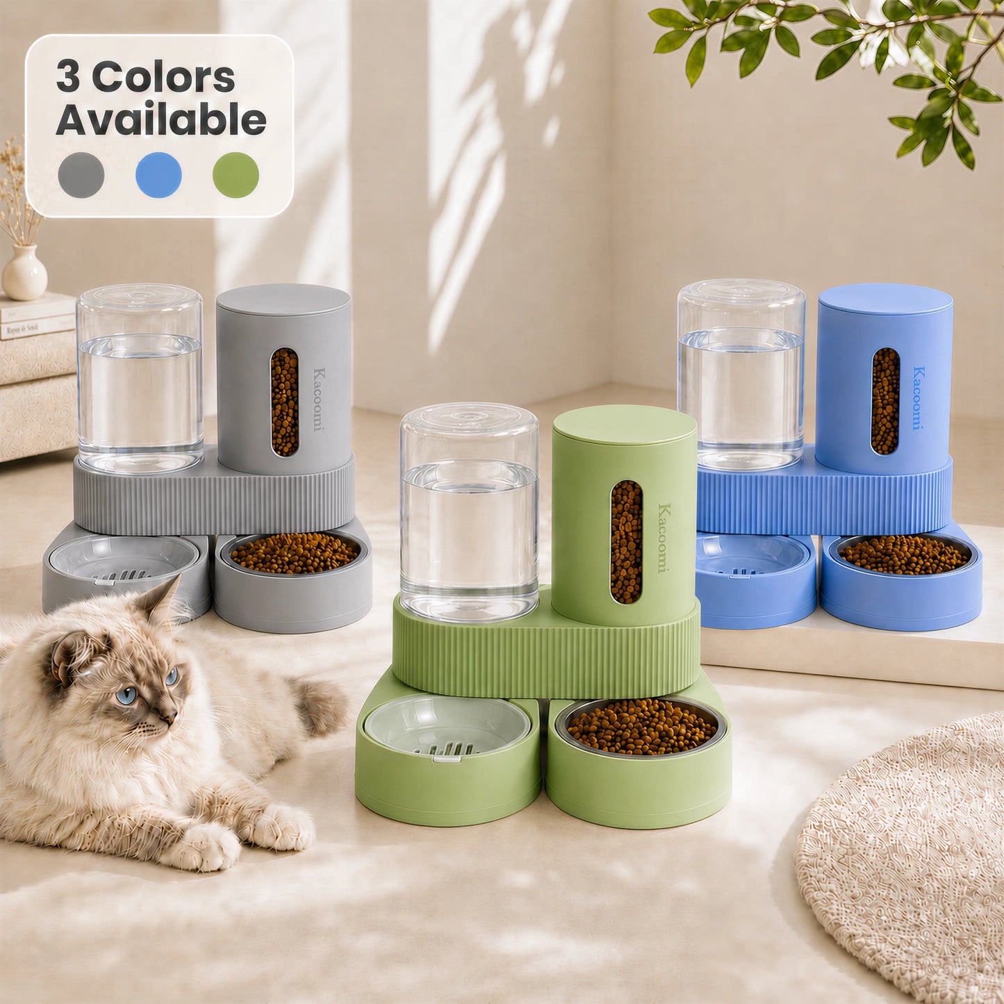 Kacoomi Dual Gravity Pet Feeder and Water Dispenser Set for Cats and Small Dogs, High-Capacity with Stainless Steel Bowls