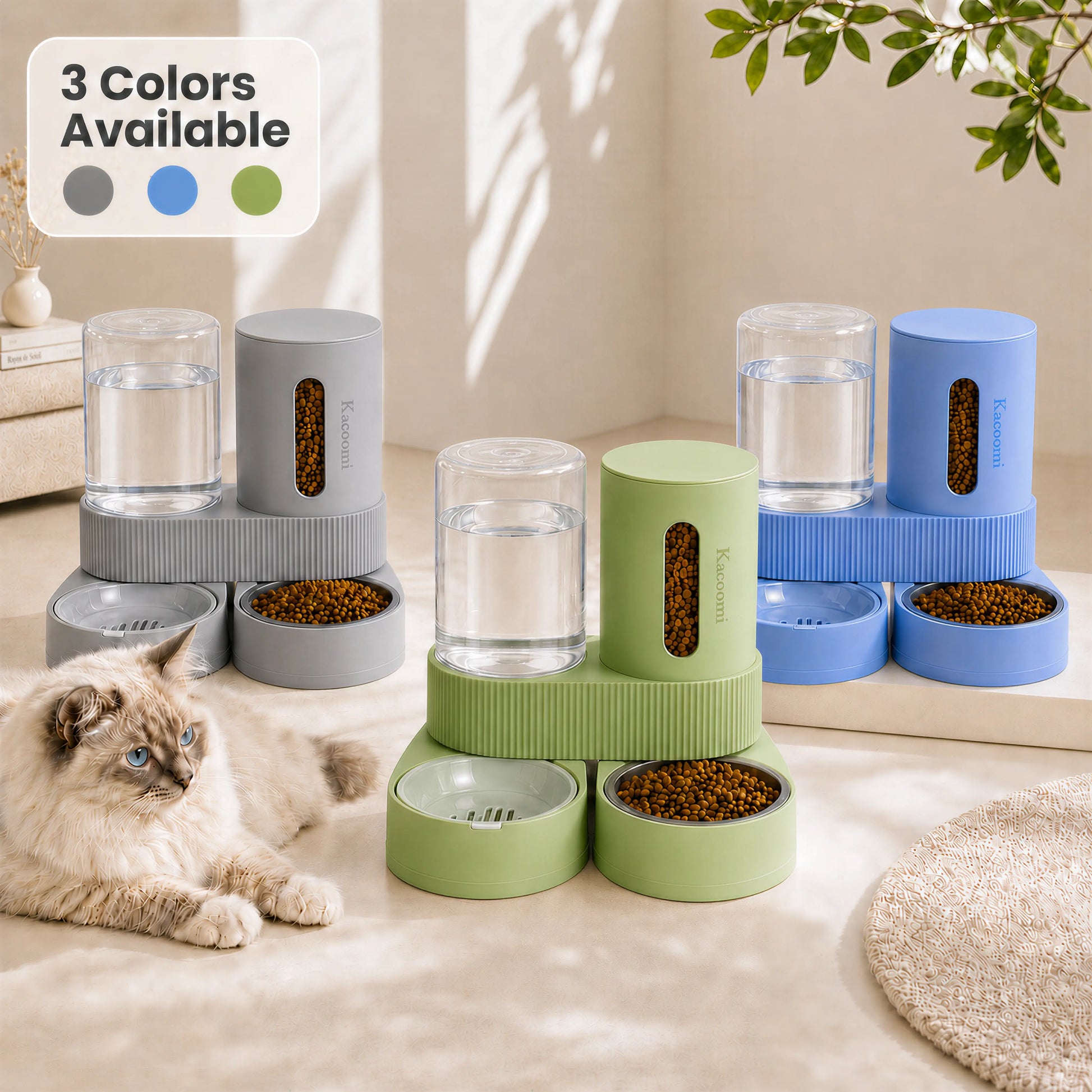 Kacoomi Dual Gravity Pet Feeder and Water Dispenser Set for Cats and Small Dogs, High-Capacity with Stainless Steel Bowls