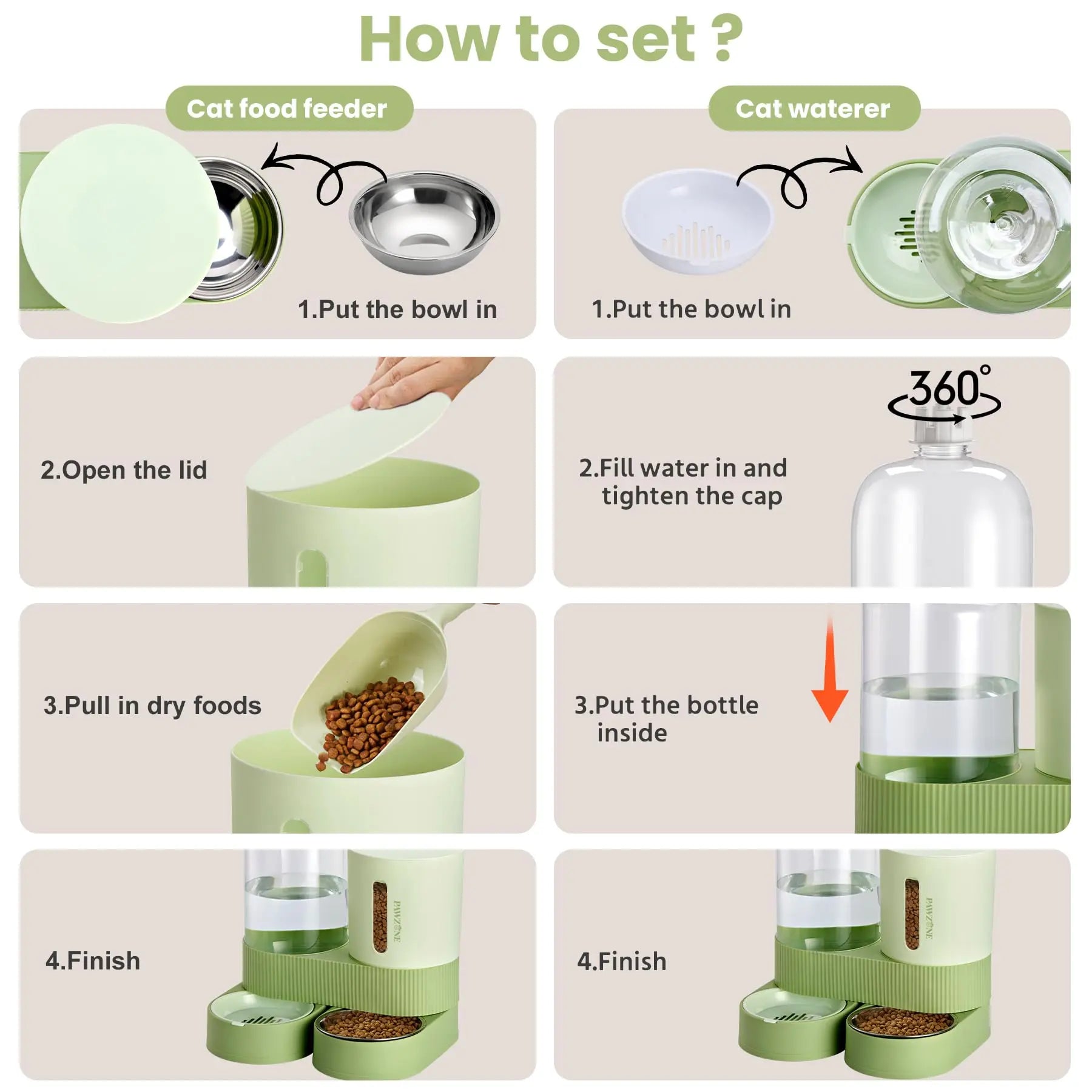 Kacoomi Dual Gravity Pet Feeder and Water Dispenser Set for Cats and Small Dogs, High-Capacity with Stainless Steel Bowls