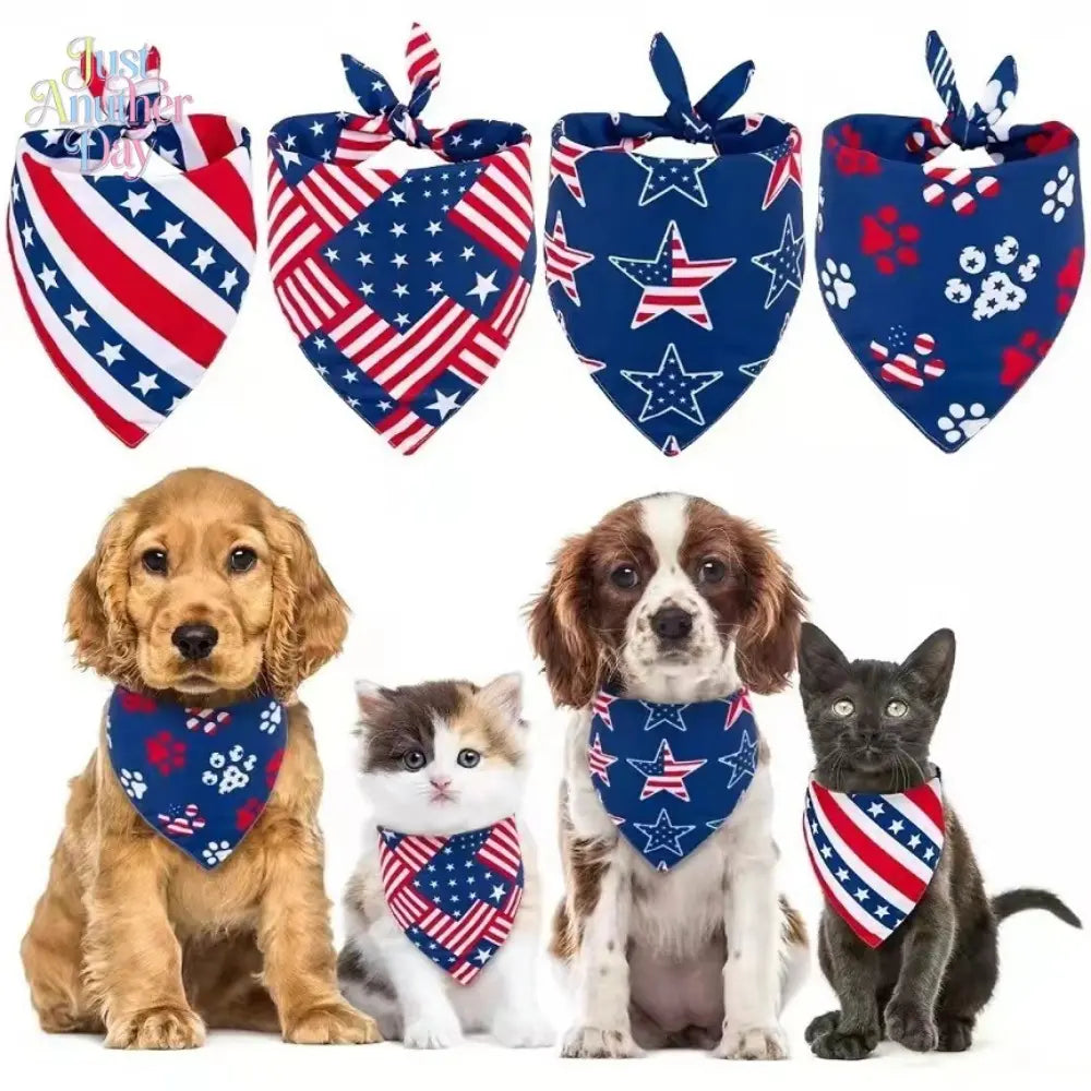 Set of 4 American Flag-Themed Pet Bandanas, Adjustable Polyester Scarves for Dogs and Cats, Ideal for 4th of July and Everyday Use