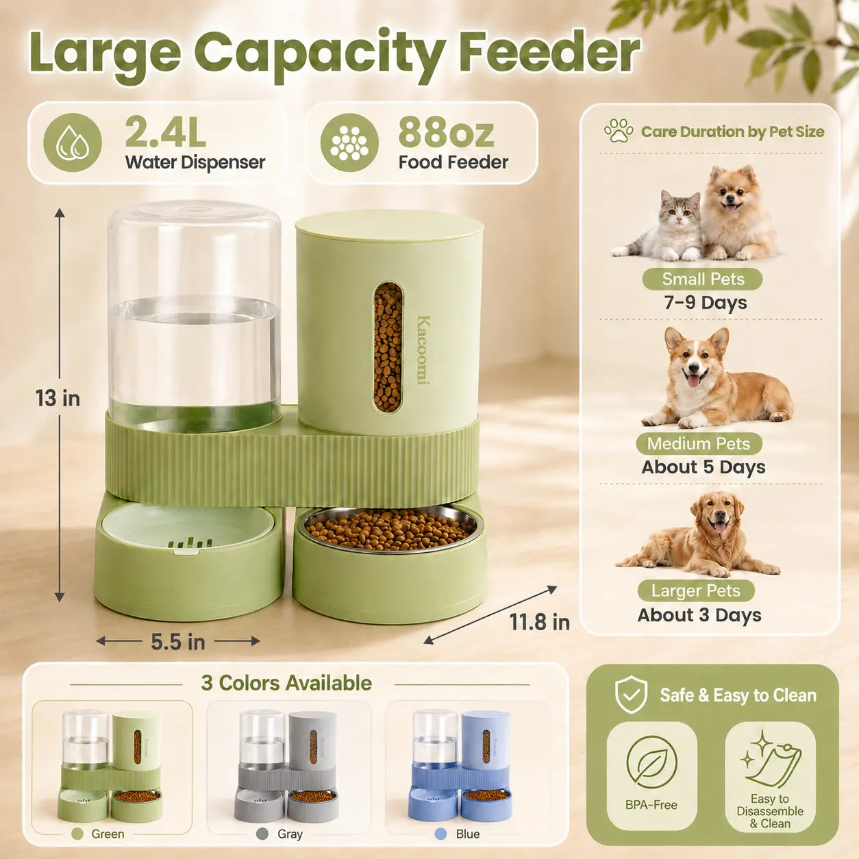 Kacoomi Dual Gravity Pet Feeder and Water Dispenser Set for Cats and Small Dogs, High-Capacity with Stainless Steel Bowls