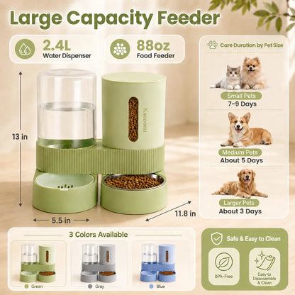 Kacoomi Dual Gravity Pet Feeder and Water Dispenser Set for Cats and Small Dogs, High-Capacity with Stainless Steel Bowls