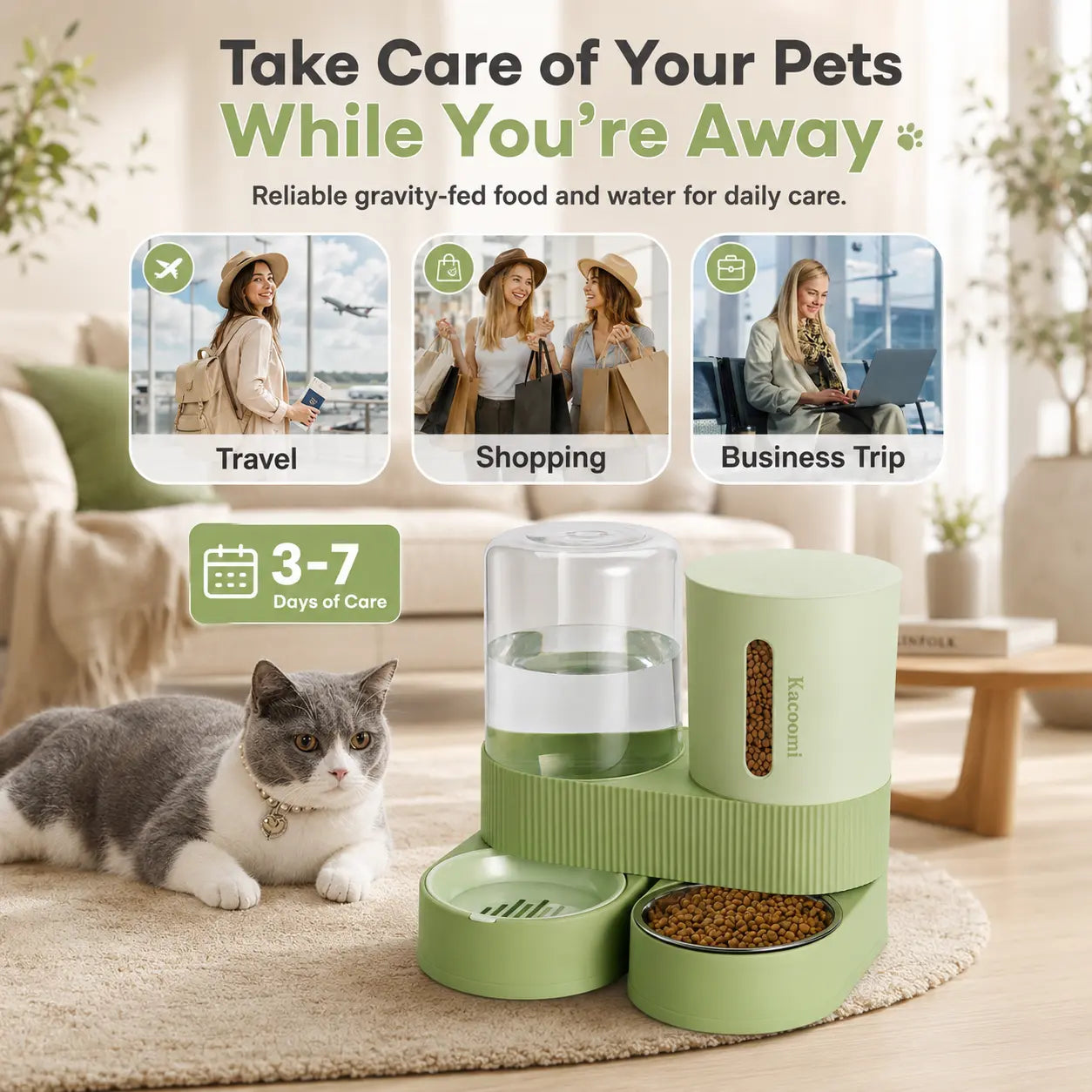Kacoomi Dual Gravity Pet Feeder and Water Dispenser Set for Cats and Small Dogs, High-Capacity with Stainless Steel Bowls