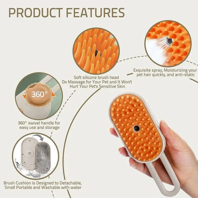 3-In-1 Pet Steam Brush Cleaner, Silicone Massage Combing Brush
