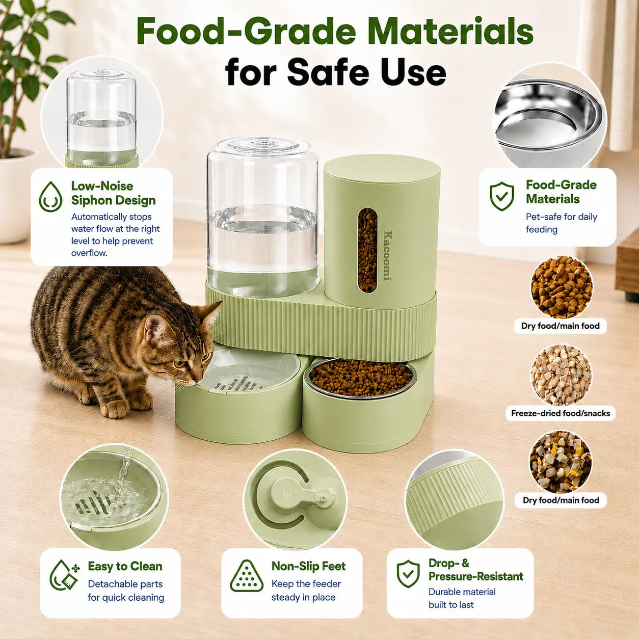Kacoomi Dual Gravity Pet Feeder and Water Dispenser Set for Cats and Small Dogs, High-Capacity with Stainless Steel Bowls