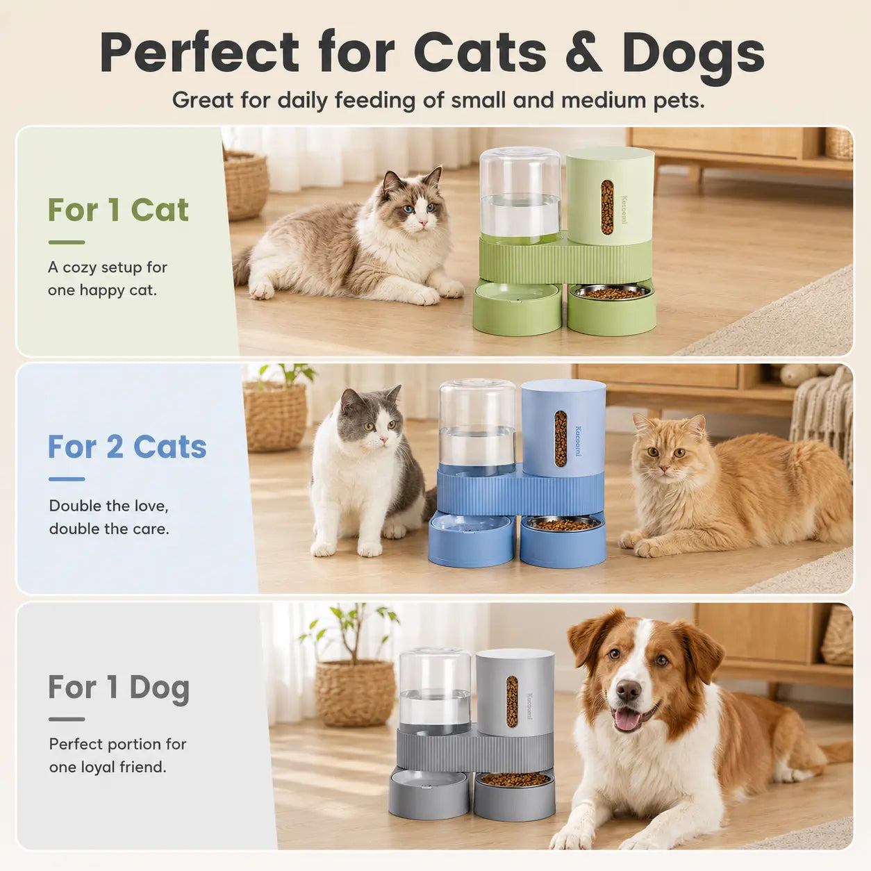 Kacoomi Dual Gravity Pet Feeder and Water Dispenser Set for Cats and Small Dogs, High-Capacity with Stainless Steel Bowls